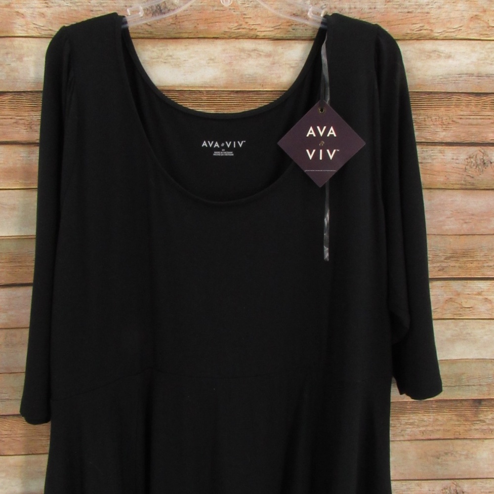 AVA & VIV Black Scoop Neck 3/4 Sleeve Flare Dress 2X (20W/22W)